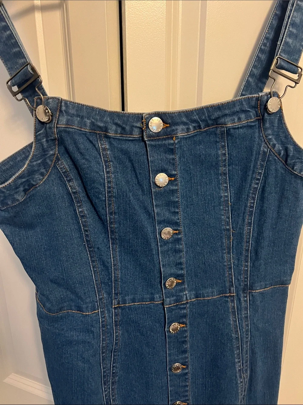 Denim Button-Front Pinafore Dress - Blue